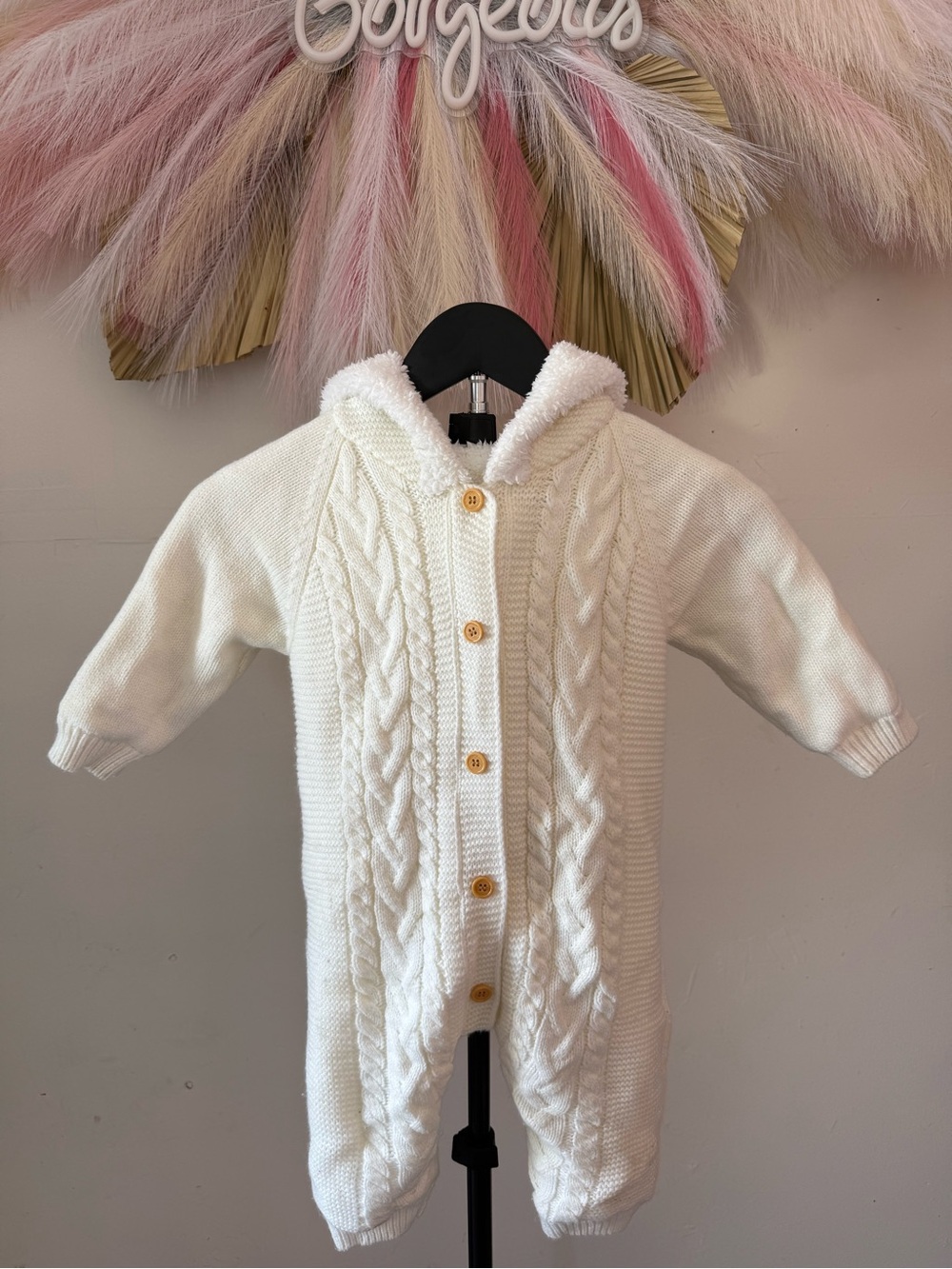 SHEIN White Cable-Knit Hooded Baby Jumpsuit